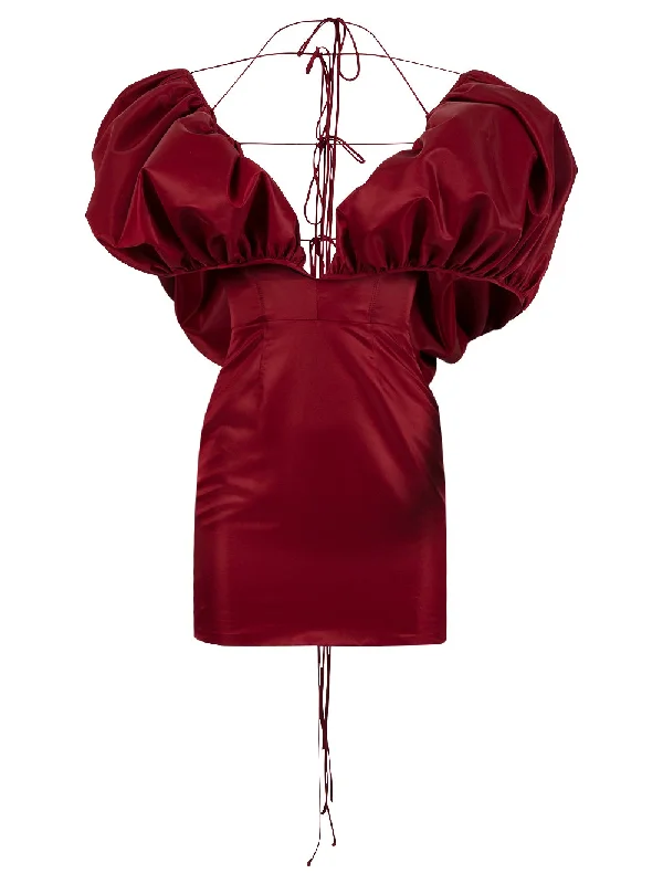 Break Fashion Norms Puff Sleeve Dress With Halter Straps Oxblood And Navy