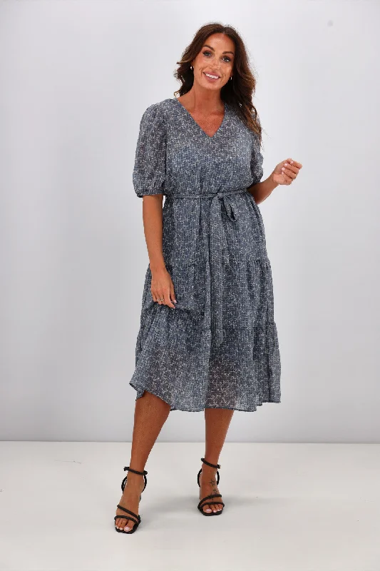 Spring Fashion Gloss by Shine On Kaylee Puffed Sleeve Dress Check Floral Chiffon Blue