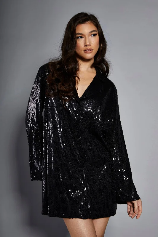 Trendy Fashion For Women Glamorous Studio Black Sequin Relaxed Fit Mini Shirt Dress