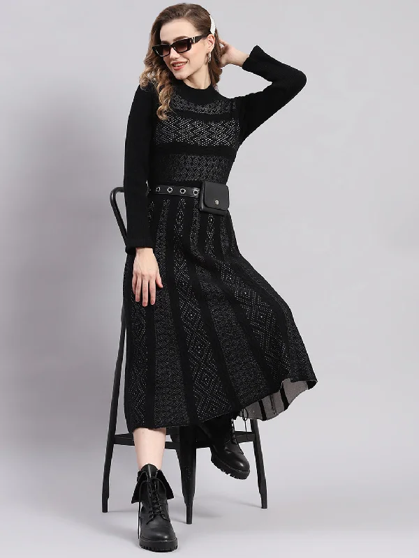 Comfort Meets Fashion Women Black Self Design T Neck Full Sleeve Dresses