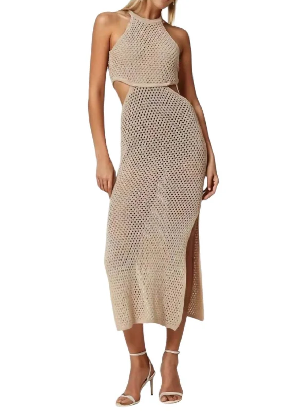 New Styles Just In Long Linen Blend Mesh Dress In Beige