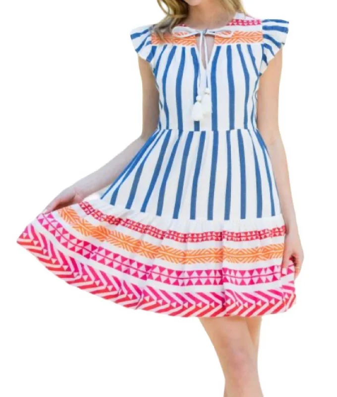 End Of Season Sale Striped Flutter Sleeve Dress In White Multi