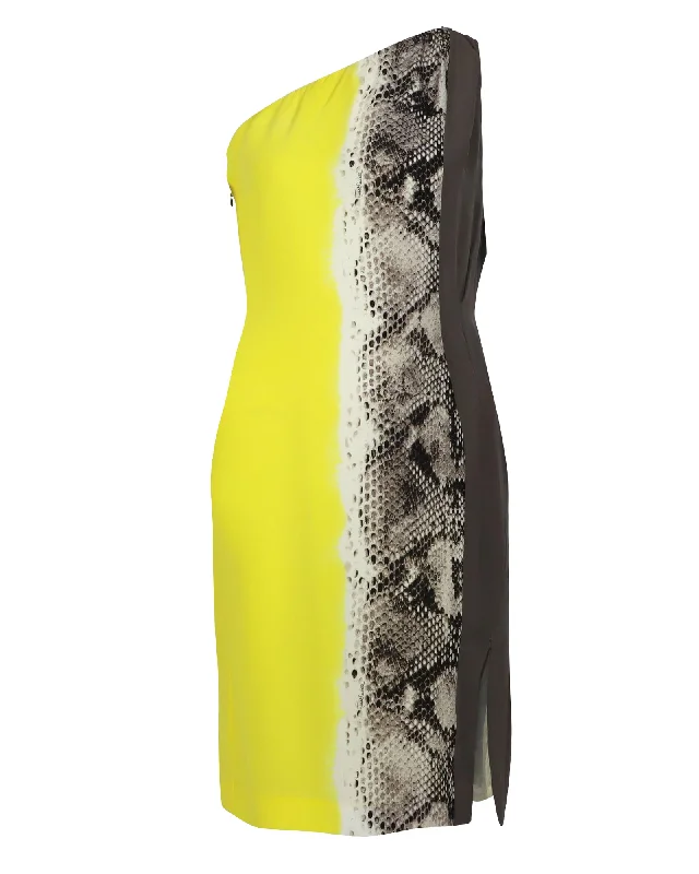 Flash Discount Just Cavalli One Shoulder Snake Print Dress in Yellow Silk