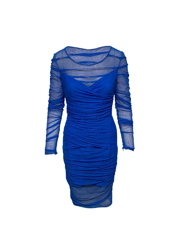 Best Online Boutiques Versace Ruched Mesh Dress in Blue Polyamide