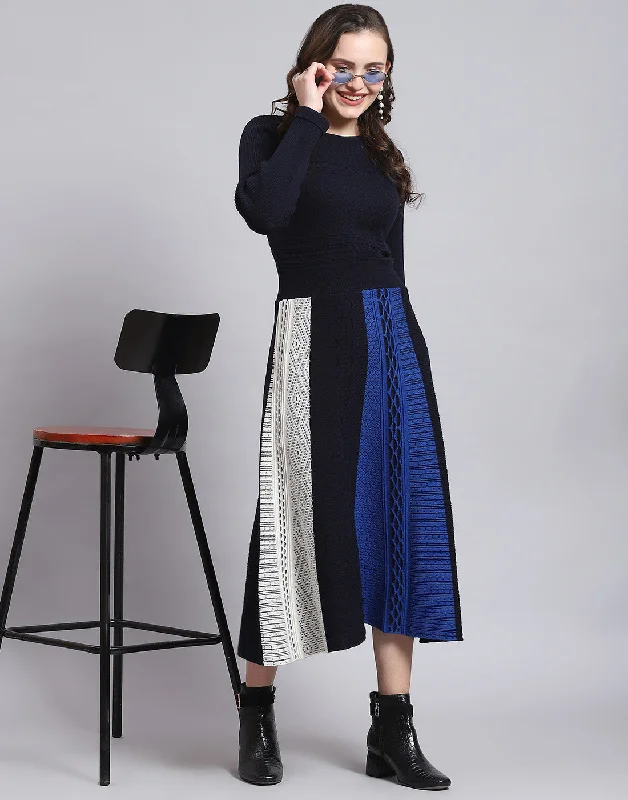 Timeless Elegance Redefined Women Navy Blue Self Design Round Neck Full Sleeve Dress