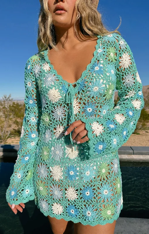 Trendy Styles Vacay Mini Coverup ~ Blue Multi Floral Crochet