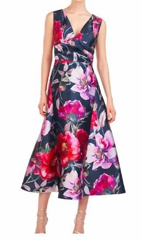 Discount Extravaganza Floral Tea Length Dress In Rasberry