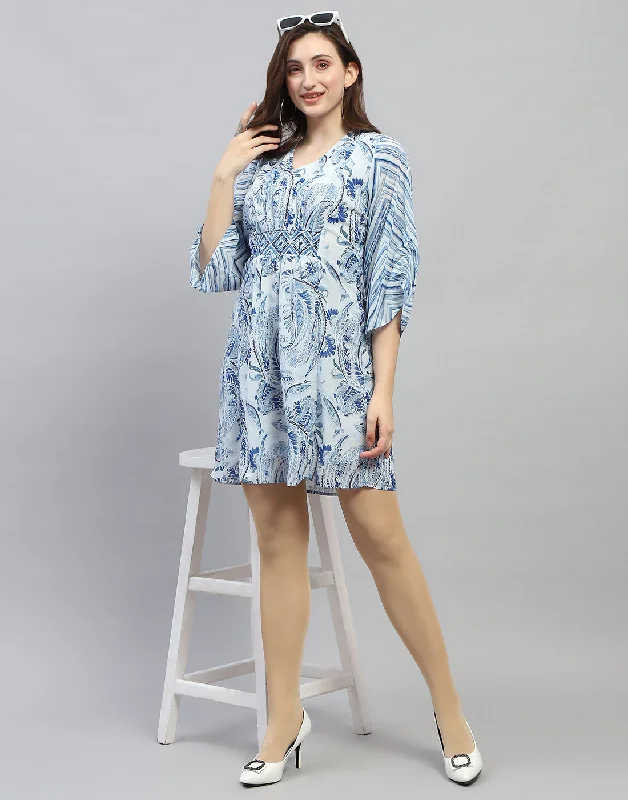 Trend Setting Wardrobe Women Sky Blue Printed V Neck 3/4 Sleeve Dress