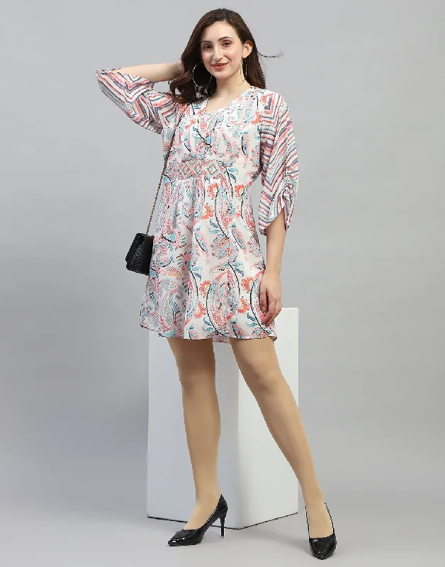 Trendy Women's Collection Women Off White Printed V Neck 3/4 Sleeve Dress