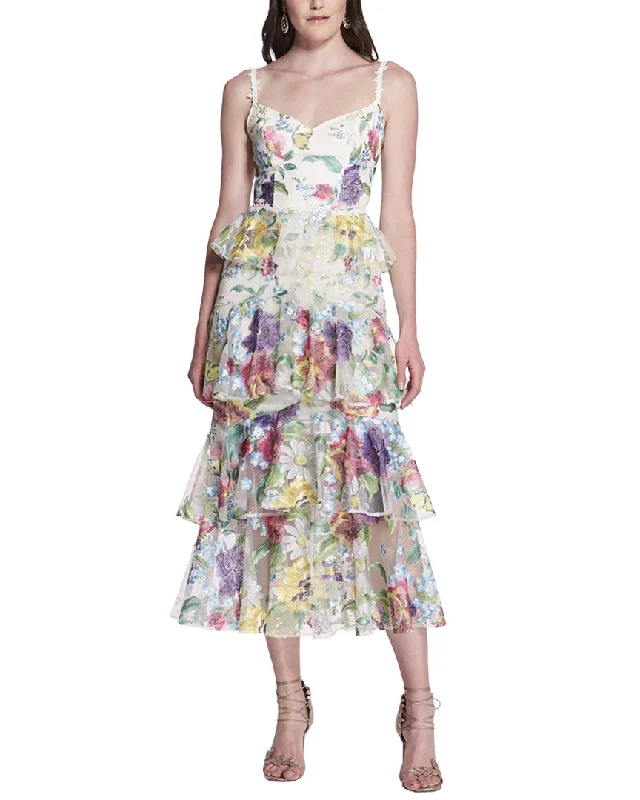 Fashion Forward Marchesa Notte Tiered Embroidered Tea-Length Dress