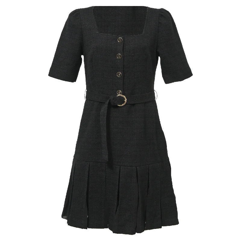 Pastel Styles Sandro Paris Pleated Mini Belted Dress in Black Cotton Tweed