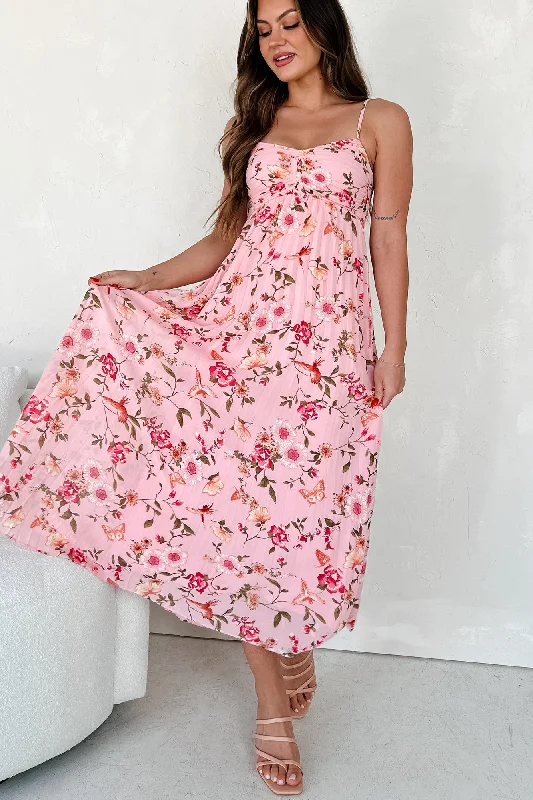 Chic Outfits Sweet By Nature Pleated Floral/Bird Print Dress (Pink Multi)