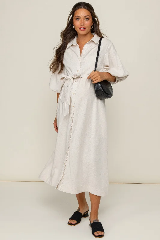 Trendsetting Threads Beige 3/4 Bubble Sleeve Maternity Midi Shirt Dress