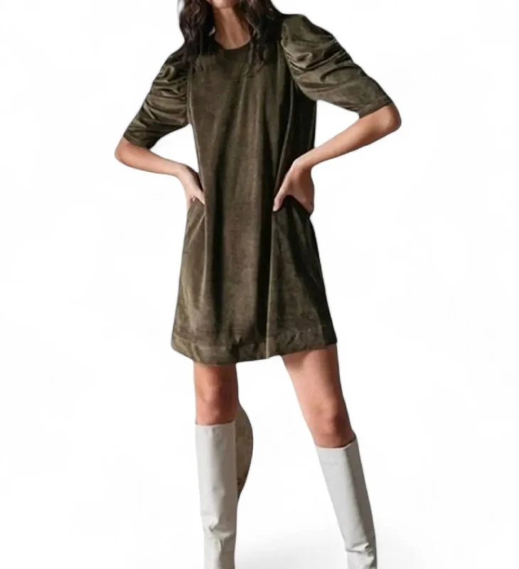 Casual Fashion Doha Puff Sleeve Dress In Khaki Corduroy