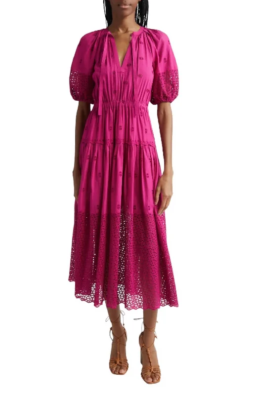 Redefining Women's Style Nova Eyelet Puff Sleeve Dress In Ruby