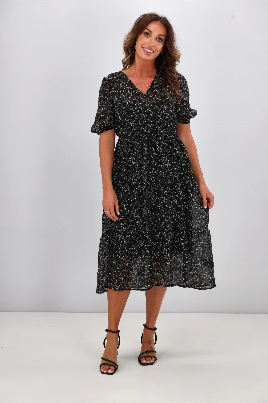 Hot Trends Gloss by Shine On Kaylee Puffed Sleeve Dress Check Floral Chiffon Black