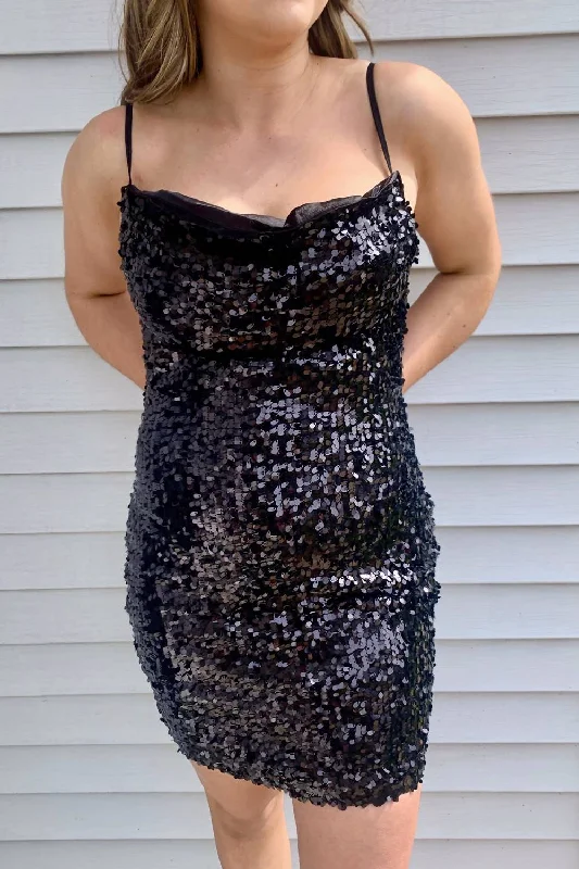 Casual Chic Black Sequin Cowl Neck Mini Dres