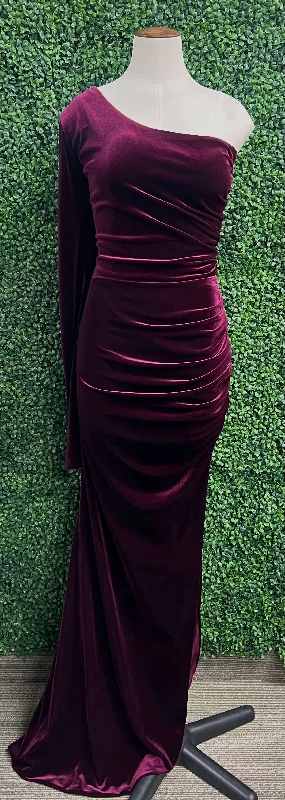 Save Big Side Slit One Sleeve Dress In Burgundy