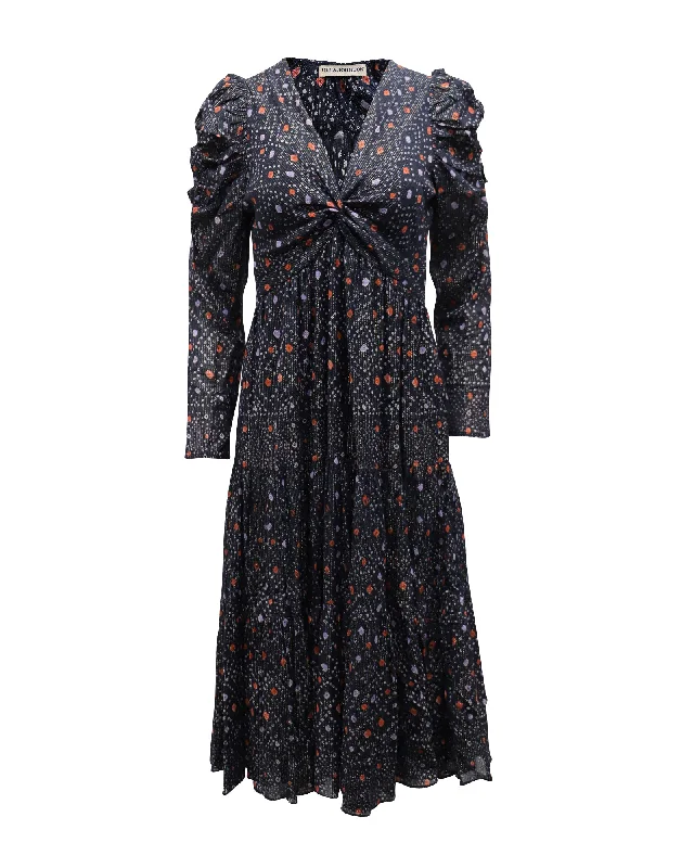 Season Sale Ulla Johnson Miya Printed Dress with Twist Front Design in Navy Blue Viscose
