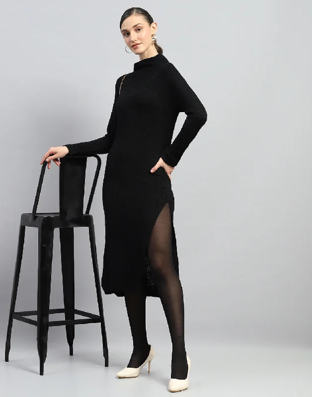 Shop Our Looks Women Black Self Design Turtle Neck Full Sleeve Dress