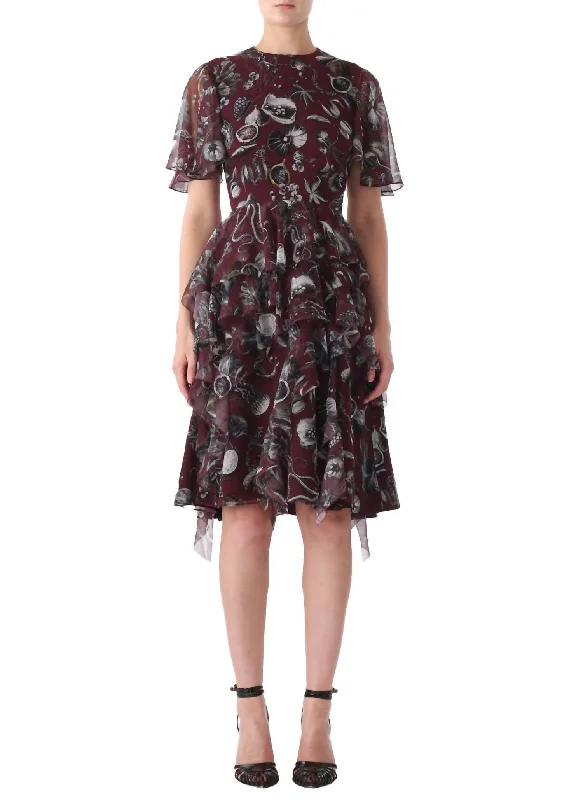 Online Boutiques Short Sleeve Marine Print Dress In Fig Multi