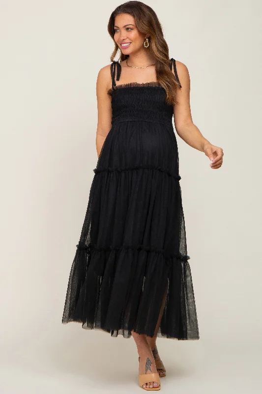 Women's Clothes And Garments Black Smocked Mesh Maternity Midi Dress