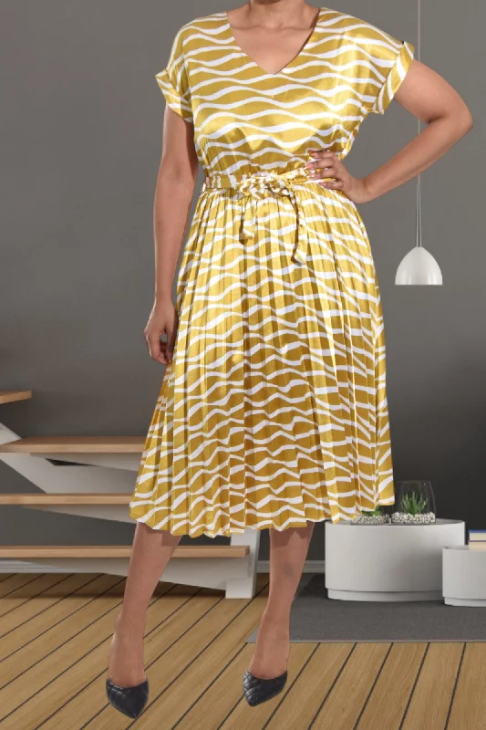 Women's Comfy Attire For Lounging Gold and Cream Pleated Satin Dress