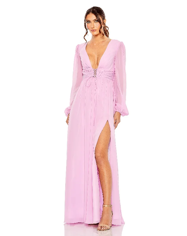 Stylish Women's Outfit Plunge Neck Lace Up Evening Gown